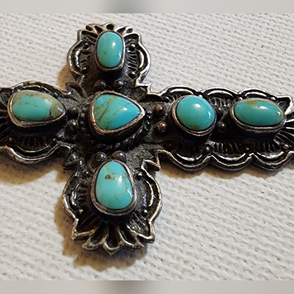 Boho Gypsy Vintage Sleeping Beauty AAA Turquoise Sterling Silver Cross Pendant - Picture 3 of 7